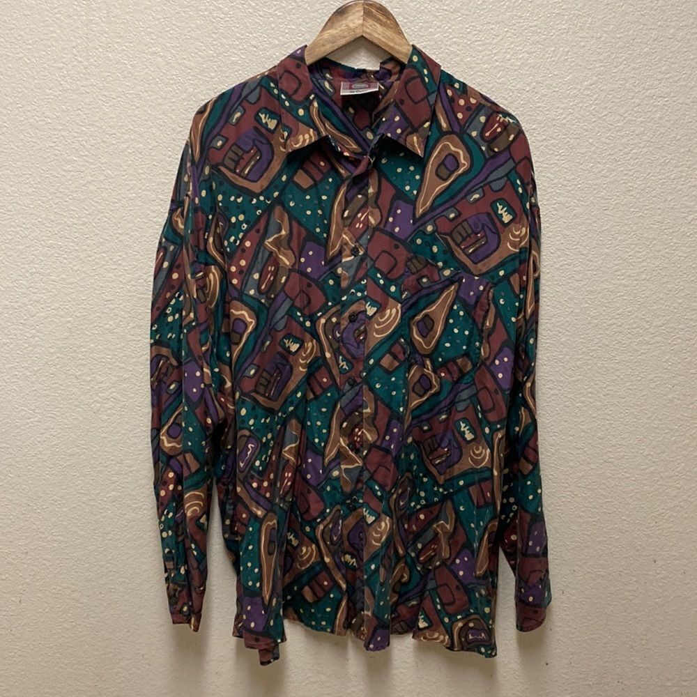 Chiamare Silk Abstract Print Button Down Shirt XL